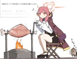  1girl absurdres aru_(blue_archive) blue_archive boar bone boned_meat bullfango campfire charging_forward coat coat_on_shoulders commentary_request cooking crossover demon_horns fire food fur-trimmed_coat fur_trim gloves halo highres horns meat monster_hunter_(series) musical_note neck_ribbon nubebenbe orange_eyes orange_halo pink_eyes purple_fur ribbon roasting shirt sitting skirt smile spoken_musical_note tusks white_gloves white_shirt 