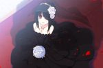  1girl alternate_hairstyle bare_shoulders black_hair bouquet breasts cleavage collarbone cross date_a_live dress flower hair_ornament highres looking_at_viewer open_mouth petals red_eyes rose see-through short_hair solo star tokisaki_kurumi uiu veil wedding_dress 