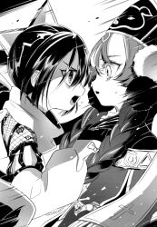  0_lulu 2girls angry black_hair braid cross cross_print highres long_hair magical_girl mahou_shoujo_ikusei_keikaku mahou_shoujo_ikusei_keikaku_white maruino monochrome multiple_girls ninja novel_illustration official_art open_mouth ripple_(mahoiku) scarf spoilers sweat third-party_source twin_braids 
