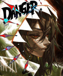 1girl beastiez brown_hair colored_sclera crocodile_girl fang green_streaks hood kairyu_crocodile long_hair multicolored_hair red_eyes scar scar_on_face solo streaked_hair vey3st virtual_youtuber yellow_sclera 