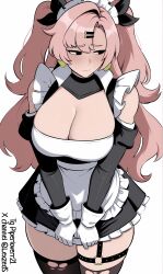  absurdres ai-assisted apron bare_shoulders black_eyes breasts earrings gloves highres jewelry large_breasts maid maid_apron nicole_demara no_pupils non-web_source pink_hair piperloverr21 shy telegram_username thick_thighs thigh-highs thighs torn_clothes torn_thighhighs twintails twitter_username white_gloves zenless_zone_zero 