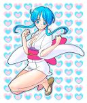  blue_eyes blue_hair breasts cleavage heart japanese_clothes jigoku_sensei_nube kimono legs sandals short_kimono smile solo yukime 