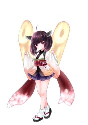  1girl absurdres ahoge black_sandals blunt_bangs brown_hair closed_mouth edomura_niniko full_body hands_up headgear highres incredibly_absurdres japanese_clothes kimono kiritanpo_(food) long_sleeves looking_at_viewer medium_hair miniskirt obi official_art okobo platform_sandals pleated_skirt purple_skirt red_eyes red_sash sandals sash second-party_source simple_background skirt smile socks solo standing tabi touhoku_kiritan transparent_background twintails voiceroid white_kimono white_socks wide_sleeves 