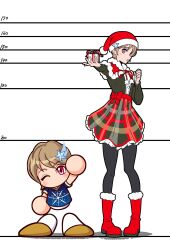  2girls arm_up black_pantyhose black_shirt blue_shirt boots brown_hair brown_shoes capelet chibi commentary_request drilljapan dual_persona fur-trimmed_boots fur-trimmed_capelet fur_trim gift hair_ornament hat hat_ornament height_chart highres holding holding_gift hoshimiya_yuuki jikkyou_powerful_pro_yakyuu jikkyou_powerful_soccer multicolored_shoes multiple_girls one_eye_closed pantyhose plaid_clothes plaid_skirt rayman_limbs red_boots red_eyes santa_costume santa_hat shirt shoes short_hair skirt smile soccer_uniform sportswear star_(symbol) star_hair_ornament star_hat_ornament two-tone_shoes white_shoes 