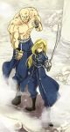  alex_luis_armstrong blonde_hair blue_eyes brother_and_sister facial_hair fullmetal_alchemist hoshino_hitsuki male military military_uniform muscle mustache ninn olivier_armstrong olivier_mira_armstrong siblings sword uniform weapon 