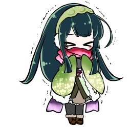  1girl absurdres ahoge black_pantyhose boots brown_boots chibi chibi_only coat covered_mouth edomura_niniko full_body fur-trimmed_boots fur_trim green_coat green_hair green_hairband green_kimono hairband hands_up highres japanese_clothes kimono lace-up_boots long_hair long_sleeves official_art open_clothes open_coat pantyhose red_scarf scarf second-party_source simple_background sleeves_past_fingers sleeves_past_wrists solo touhoku_zunko transparent_background very_long_hair voiceroid wide_sleeves 