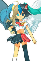  1girl ahoge angel_wings asymmetrical_eyes asymmetrical_wings bow bowtie chaoz_lounge chimerism commentary_request demon_wings fusion futaba_channel heterochromia mismatched_wings moetron multicolored_bow multicolored_bowtie simple_background single_animal_ear split-color_clothes twintails two-tone_bow two-tone_bowtie two-tone_sailor_collar ultimate_moe white_background wings yellow_bow yellow_bowtie 