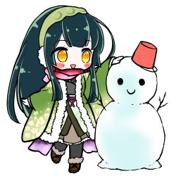  1girl :d absurdres black_pantyhose blush_stickers boots bucket chibi chibi_only coat edomura_niniko full_body fur-trimmed_boots fur_trim green_coat green_hair green_hairband hairband highres lace-up_boots long_hair long_sleeves official_art open_clothes open_coat open_mouth pantyhose red_scarf scarf second-party_source simple_background smile snowman solo standing standing_on_one_leg touhoku_zunko transparent_background very_long_hair voiceroid wide_sleeves yellow_eyes 