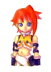  1girl bare_shoulders blue_eyes closed_mouth commentary_request cowboy_shot cropped_vest maro_maronomaro mega_man_(series) mega_man_zero_(series) mega_man_zero_4 navel neige_(mega_man) red_hair short_hair simple_background smile solo vest white_background yellow_vest 
