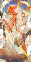  1girl absurdres ambience_synesthesia arknights backless_dress backless_outfit brown_horns chiaspicy chinese_commentary closed_mouth commentary_request demon_girl demon_horns dress gold_jewelry gold_sash hair_between_eyes highres horns long_hair looking_at_viewer official_alternate_costume red_hair solo surtr_(arknights) surtr_(prelude_to_transcendence)_(arknights) violet_eyes white_dress 
