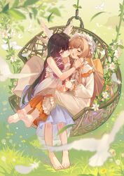  2girls barefoot bird black_hair blonde_hair blush brown_hair bug butterfly closed_eyes closed_mouth columbina_(genshin_impact) commentary_request dress feet flower frilled_dress frills full_body genshin_impact grass hair_ribbon head_wings heads_together highres hug legs long_hair long_sleeves low-tied_sidelocks multicolored_hair multiple_girls open_mouth outdoors pink_hair puppet purple_hair ribbon sandrone_(genshin_impact) sidelocks sitting sitting_on_lap sitting_on_person smile soles swing toes violet_eyes white_dress white_flower wings xingqiba_(974528265) yuri 