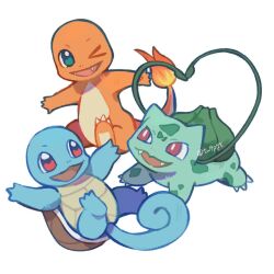  :d blue_eyes bulbasaur charmander claws commentary curled_tail dande_lion2604 fangs fire flame-tipped_tail highres no_humans one_eye_closed open_mouth plant pokemon pokemon_(creature) pokemon_focus red_eyes simple_background smile squirtle starter_pokemon_trio tail turtle_shell twitter_username untranslatable_commentary vines white_background 