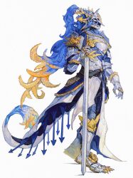  1other absurdres armor blonde_hair blue_hair borrowed_character breastplate colored_inner_hair commentary couter dragon_tail english_commentary floating_hair from_side full_armor furry gauntlets greaves high_ponytail highres holding holding_sword holding_weapon multicolored_hair original overskirt pauldrons planted planted_sword plate_armor poleyn ponytail rerebrace sabaton shoulder_armor simple_background solo standing sword tail tassets the_inkless_traveling_wizard tiptoes two-tone_hair upper_body watercolor_effect weapon white_background 