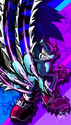  1boy animal_nose black_nose blue_fur fingernails furry furry_male green_eyes hedgehog_boy highres motion_lines red_shoes sharp_fingernails sharp_teeth shoes signature sonic_(series) sonic_the_hedgehog sonic_the_werehog sonic_unleashed spiked_shoes spikes teeth theplayer500 werehog 