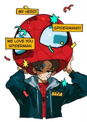  1boy absurdres animal_print bandages bandaid bandaid_on_face bird2120rm blue_jacket bodysuit brown_hair commentary_request confetti english_text highres holding_mascot_head hood hood_down hooded_jacket jacket korean_commentary long_sleeves marvel mascot_head mask multicolored_bodysuit open_clothes open_jacket peter_parker print_bodysuit red_bodysuit short_hair solo_focus spider-man spider-man:_brand_new_day spider-man_(series) spider_print spider_web_print superhero_costume sweat two-tone_bodysuit upper_body white_background 