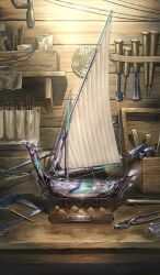  brown_background chisel commentary_request fate/grand_order fate_(series) game_asset hammer higashiyama_hayato model_ship no_humans object_focus official_art pliers still_life third-party_source workshop 