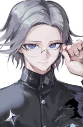  1boy ao0ntu aotsuki_eito closed_mouth commentary_request eyeshadow gakuran glasses grey_hair highres jacket last_defense_academy_school_uniform looking_at_viewer looking_over_eyewear makeup male_focus red_eyeshadow school_uniform short_hair simple_background sketch solo the_hundred_line_-last_defense_academy- violet_eyes white_background 