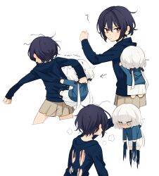  2girls ? arrow_(symbol) black_hair brown_eyes brown_skirt carrying carrying_person chibi cropped_legs grey_eyes heavy_breathing highres konno_junko kuma_(bloodycolor) long_hair long_sleeves low_twintails mizuno_ai multiple_girls pleated_skirt short_hair simple_background skirt tearing_up torn_clothes trembling twintails white_background white_hair white_skirt zombie_land_saga 