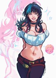  1girl aqua_streaks arms_behind_back bare_shoulders belt black_choker blonde_hair blue_hair breasts chin_piercing choker collarbone commentary crop_top face_piercing hakari_kinji heart highres hoshi_kirara jewelry jujutsu_kaisen labret_piercing looking_at_viewer mar3via medium_hair midriff multicolored_hair navel off-shoulder_sweater off_shoulder pants piercing red_belt smile snakebite_(piercing) solo spiked_choker spikes standing star-shaped_pupils star_(symbol) streaked_hair sweater symbol-shaped_pupils teeth two-tone_hair watermark white_background 
