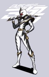  1boy 3ok abare_killer armor armored_bodysuit artist_name assault_visor bakuryuu_sentai_abaranger belt belt_buckle black_bodysuit bodysuit boots bracelet buckle carrying_over_shoulder commentary dino_minder english_commentary full_body gloves gold_belt gold_bracelet gold_trim grey_background hand_on_own_hip hand_up helmet high_collar highres holding holding_weapon holster jewelry knee_boots legs_apart looking_down male_focus multicolored_bodysuit over_shoulder red_assault_visor shadow simple_background solo standing super_sentai tokusatsu two-tone_bodysuit weapon weapon_over_shoulder white_armor white_bodysuit white_boots white_gloves white_helmet wing_pentact 