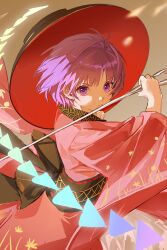  1girl antenna_hair black_sash bowl bowl_hat closed_mouth commentary_request hat highres holding holding_needle japanese_clothes kimono long_sleeves mumirror13708 needle purple_hair red_kimono sash short_hair solo sukuna_shinmyoumaru touhou violet_eyes wide_sleeves 