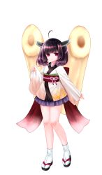  1girl :3 absurdres ahoge blunt_bangs brown_hair closed_mouth edomura_niniko full_body hand_up headgear highres kiritanpo_(food) long_sleeves looking_at_viewer medium_hair miniskirt obi official_art okobo pink_eyes platform_sandals pleated_skirt purple_skirt red_sash sandals sash second-party_source sidelocks simple_background skirt sleeves_past_wrists smile socks solo standing tabi touhoku_kiritan transparent_background twintails voiceroid white_socks wide_sleeves 