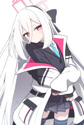  1girl absurdres black_jacket black_thighhighs blue_archive blue_necktie closed_mouth commentary_request hair_between_eyes halo hand_on_own_elbow highres jacket kei_(blue_archive) kei_(student)_(blue_archive) long_hair long_hair_between_eyes looking_at_viewer multicolored_jacket necktie negi_0712 open_clothes open_jacket pink_eyes pink_halo rectangular_halo school_uniform shirt simple_background solo thigh-highs thighs two-tone_jacket white_background white_hair white_jacket white_shirt 