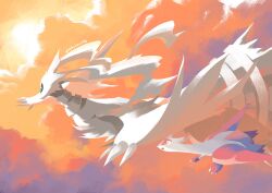  blue_eyes claws clouds dragon flying highres latias manhchan no_humans pokemon pokemon_(creature) pokemon_focus reshiram tail wings yellow_eyes 