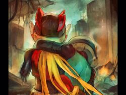  2boys armor blonde_hair blue_armor blue_helmet commentary_request from_behind helmet highres long_hair male_focus maro_maronomaro mega_man_(series) mega_man_zero_(series) multiple_boys red_armor red_helmet upper_body x_(mega_man) zero(z)_(mega_man) zero_(mega_man) 