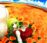  bad_id chirigami-san cloud clouds flower flower_field from_behind green_hair grey_eyes kazami_yuuka looking_back parasol plaid plaid_skirt plaid_vest reclining red_eyes red_pupils skirt skirt_set smile solo sunflower touhou umbrella 