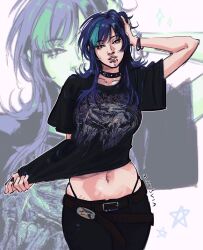  1girl aqua_streaks belt black_choker black_pants black_shirt blue_hair bracelet chin_piercing choker clothes_pull collarbone face_piercing hand_in_own_hair highres hoshi_kirara jewelry jujutsu_kaisen labret_piercing looking_to_the_side mar3via medium_hair multicolored_hair navel pants piercing pulling_own_clothes shirt snakebite_(piercing) solo spiked_choker spikes star-shaped_pupils star_(symbol) streaked_hair symbol-shaped_pupils teeth thong two-tone_hair watermark white_background 