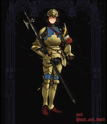  1other arm_shield armor artist_name black_eyes boots chainmail closed_mouth commentary couter cuirass cuisses english_commentary faulds full_armor full_body gauntlets gold_armor greaves highres holding holding_polearm holding_weapon mud_and_blood original pauldrons polearm poleyn red_boots rerebrace sallet shoulder_armor vambraces weapon 