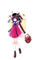  1girl absurdres ahoge bag black_shirt black_socks blue_bow blue_bowtie blunt_bangs bow bowtie brown_hair closed_mouth dress edomura_niniko frilled_dress frills full_body handbag headgear highres holding holding_bag kiritanpo_(food) long_hair long_sleeves looking_at_viewer official_art pinafore_dress pink_dress pleated_dress red_eyes red_shoes sailor_collar second-party_source shirt shoes simple_background sleeveless sleeveless_dress smile socks solo standing standing_on_one_leg touhoku_kiritan transparent_background voiceroid white_sailor_collar 