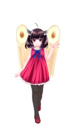  1girl absurdres ahoge bare_arms bare_shoulders black_pantyhose brown_hair closed_mouth dress edomura_niniko frilled_dress frills full_body hand_up headgear highres kiritanpo_(food) looking_at_viewer medium_hair official_art pantyhose pink_dress pleated_dress red_eyes red_shoes second-party_source shoes simple_background sleeveless sleeveless_dress smile solo standing touhoku_kiritan transparent_background twintails voiceroid 