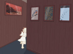  1girl aged_down bird child deltarune footprints hellspawnmotel highres indoors noelle_holiday photo_(object) picture_frame snow solo utdr_(toby_fox) wooden_wall 
