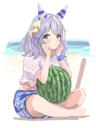  1girl absurdres animal_ears beach blush breasts brown_eyes closed_mouth ear_covers floral_print_shorts food fruit gaze_on_me!_outfit_(umamusume) grey_hair highres hishi_miracle_(umamusume) horse_ears horse_girl looking_at_viewer male_swimwear print_shorts scrunchie shirt shorts sitting solo stick swim_trunks tied_shirt tsurubami_(gaad5227) umamusume water watermelon white_shirt wrist_scrunchie 