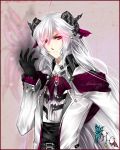  1boy albino black_gloves bow character_request gloves horns long_hair male neodeadlyraver pink_background red_eyes ribbon solo very_long_hair white_hair 