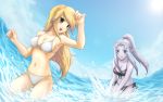  alpaca_sama armpits bikini black_bikini blonde_hair blue_eyes breasts cleavage earrings elf erect_nipples fantasy green_eyes grey_hair grey_skin highres jewelry leaning_forward long_hair looking_back mound_of_venus multiple_girls navel night_elf ocean pointy_ears ponytail side-tie_bikini sky splash swimsuit thighs warcraft white_bikini world_of_warcraft 