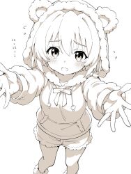  1girl animal_hood bad_id bad_twitter_id bear_hood blush commentary drawstring fang feet_out_of_frame flying_sweatdrops fur-trimmed_hood fur-trimmed_sleeves fur_trim hair_between_eyes hair_intakes highres higurashi_no_naku_koro_ni hood hood_up houjou_satoko long_sleeves monochrome niyane open_mouth outstretched_arms short_hair shorts simple_background skin_fang solo standing untranslatable_commentary white_background 