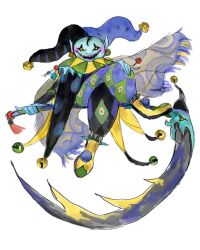  1boy absurdres amano_yoshitaka_(style) aqua_skin bell black_hair black_hat black_pants black_sclera black_sleeves blue_hat blue_lips blue_pants blush_stickers cape colored_sclera colored_skin commentary crossed_legs deltarune english_commentary evil_smile green_pants green_shoes hat highres hijo_joestar holding holding_scythe jester_cap jester_costume jevil jingle_bell looking_at_viewer multicolored_pants multicolored_shoes pants puffy_pants purple_blush scythe see-through_cape see-through_clothes shoes simple_background sitting smile solo tassel two-tone_hat two-tone_shoes utdr_(toby_fox) weapon_riding white_background yellow_eyes yellow_shoes 