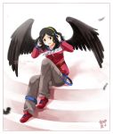  face feathers headphones meago melinda_(meago) musical_note original sitting stairs wings 