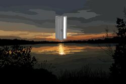  bush commentary deltarune door doorknob doorway english_commentary hellspawnmotel highres hometown_(deltarune) in-universe_location lake no_humans open_door outdoors symbolism utdr_(toby_fox) water weird_route_(deltarune) 