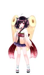  1girl \||/ absurdres ahoge black_sandals blunt_bangs brown_hair closed_mouth edomura_niniko full_body hand_up headgear highres japanese_clothes kimono kiritanpo_(food) long_sleeves looking_at_viewer medium_hair miniskirt obi official_art okobo platform_sandals pleated_skirt purple_skirt red_eyes red_sash sandals sash second-party_source simple_background skirt smile socks solo tabi touhoku_kiritan transparent_background voiceroid white_kimono white_socks wide_sleeves 