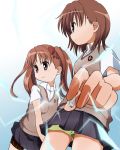  biribiri brown_eyes brown_hair coin electricity foreshortening kurase long_hair misaka_mikoto school_uniform shirai_kuroko short_hair shorts sweater_vest thigh_strap to_aru_kagaku_no_railgun to_aru_majutsu_no_index twintails 