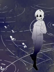  1girl ange_katrina ange_katrina_(casual) belt clenched_hands clothing_cutout commentary different_footprints footprints full_body hand_up highres jewelry kuujou_haru long_sleeves medium_hair monochrome necklace nijisanji pants parted_lips puffy_long_sleeves puffy_sleeves ripples shaded_face shirt shoulder_cutout single_hair_intake sketch solo sweatdrop virtual_youtuber walking 