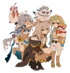  1boy 2girls aged_down animal animal_on_head aqua-tinted_eyewear aqua_shirt aventurine_(honkai:_star_rail) aventurine_(waveflair)_(honkai:_star_rail) bikini bird bird_on_head black_boots black_gloves black_jacket black_skirt blonde_hair blue_hair boots bra_strap braid closed_eyes closed_mouth commentary_request eyewear_on_head full_body gloves grey_hair hair_between_eyes hair_ornament halo highres holding holding_animal holding_bird honkai:_star_rail honkai_(series) iwashi_(iwashi008) jacket kneeling long_hair looking_at_viewer male_swimwear multiple_girls official_alternate_costume on_head open_mouth own_hands_together parted_lips pink_eyes robin_(honkai:_star_rail) robin_(summeretto)_(honkai:_star_rail) sandals sarong shirt side_braid simple_background skirt smile standing standing_on_one_leg starfish_hair_ornament stelle_(honkai:_star_rail) swim_trunks swimsuit tinted_eyewear toes trailblazer_(honkai:_star_rail) very_long_hair white_background white_bikini white_male_swimwear white_sarong white_shirt white_wings wings yellow_eyes 