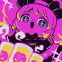  1girl aikatsu!_(series) blush bow brain chibi chibi_only commentary dated english_commentary highres index_finger_raised long_sleeves looking_at_viewer open_mouth pink_theme ribbon saegusa_kii solo stasis_tank yu_rune 
