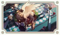  ! 2girls 4boys absurdres ambrosia_(dungeon_meshi) animal_ears armor backpack bag beard black_fur black_hair blonde_hair blue_capelet blue_robe boots braid bread breastplate brown_eyes brown_hair brown_pants brown_shoes capelet cat_ears cat_girl chainmail chilchuck_tims commentary_request cooking_pot crop_top dungeon_meshi dwarf elf facial_hair fake_horns feathered_wings food fork fried_egg green_eyes hair_ribbon halfling helmet highres holding holding_ladle holding_staff hood hooded_capelet horned_helmet horns izutsumi kensuke_(dungeon_meshi) ladle laios_touden lee_qll lion long_beard marcille_donato mini_person miniboy minigirl multiple_boys multiple_girls muscular muscular_male neck_warmer open_mouth pants pauldrons plate_armor pointy_ears ponytail red_ribbon ribbon robe salad sandals scabbard senshi_(dungeon_meshi) sheath shirt shoes shoulder_armor sleeping_bag sliced_meat spoilers staff sword tomato tomato_slice twin_braids very_long_beard weapon white_fur white_pants white_shirt winged_lion_(dungeon_meshi) wings yellow_eyes 