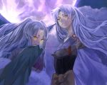  1girl armor covering_mouth facial_mark forehead_mark inuyasha kyouichi lips long_hair moon mother_and_son night pointy_ears ponytail sesshoumaru sesshoumaru's_mother smile twintails white_hair wide_sleeves yellow_eyes 