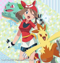  1girl absurdres bandana bike_shorts blue_eyes brown_hair bulbasaur combusken dynamic_pose english_commentary fanny_pack gloves highres looking_at_viewer may_(pokemon) miyuki_tsukiyono one_eye_closed open_mouth pokemon pokemon_(anime) pokemon_(creature) pokemon_the_series:_ruby_and_sapphire rainbow_background red_bandana red_shirt shirt smile star_(symbol) 